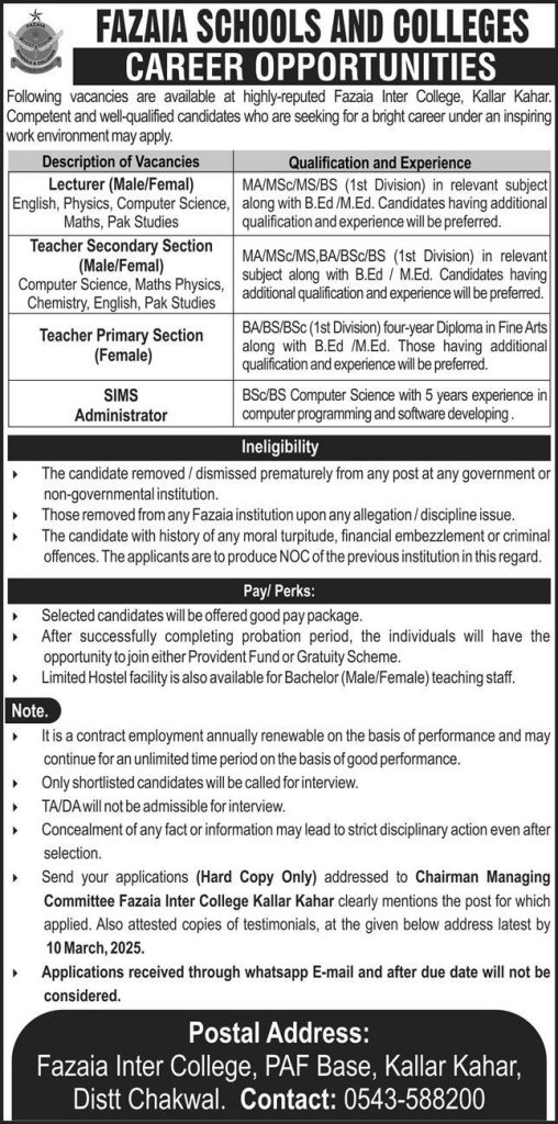 Fazaia Inter College Kallar Kahar Teaching Jobs 2025